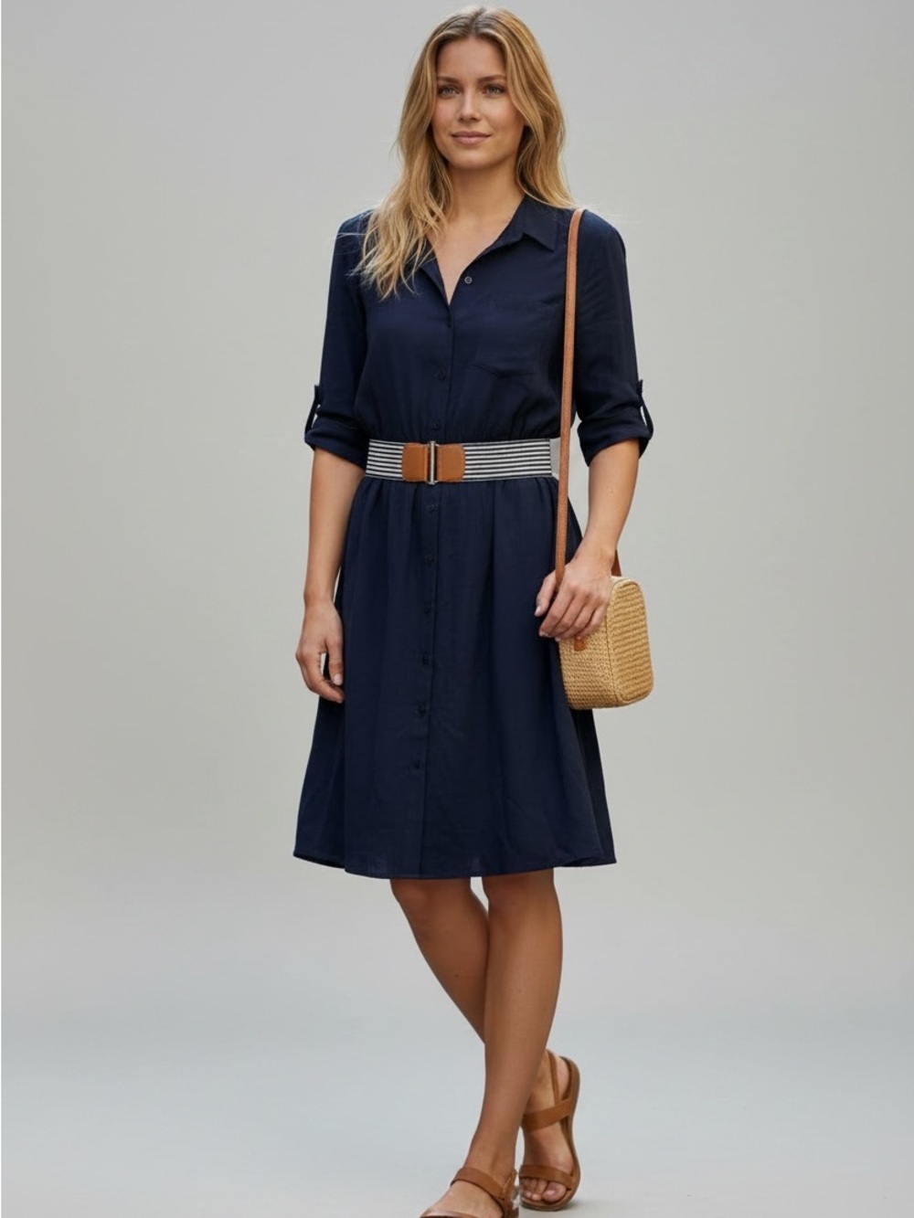 BCX Navy Button-Front Midi Shirt Dress